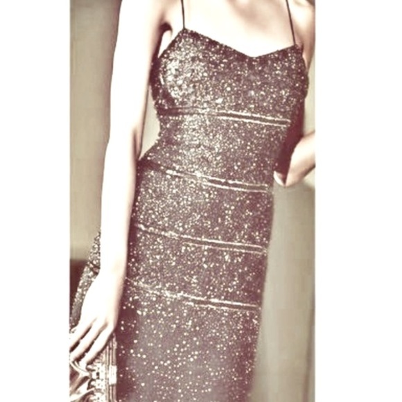 Aidan Mattox Party Dress sequined and beaded spaghetti straps in Platinum size 8 - Picture 1 of 13